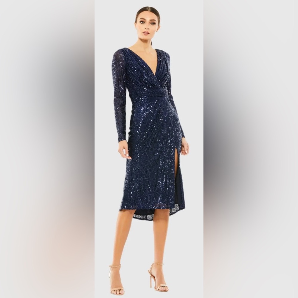 Ieena for MAC DUGGAL Long Sleeve Sequin Midi Dress in Midnight Navy $258 NWT